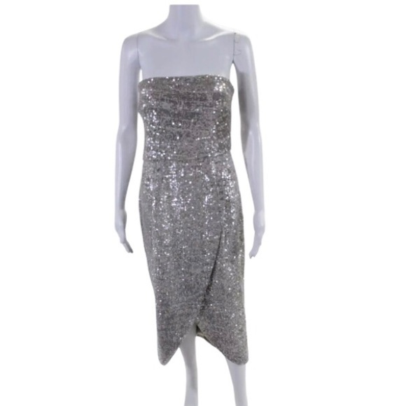 Monique Lhullier Midi Dress Size 12 Champagne Beige Silver Sequin Strapless Gown - Picture 1 of 9